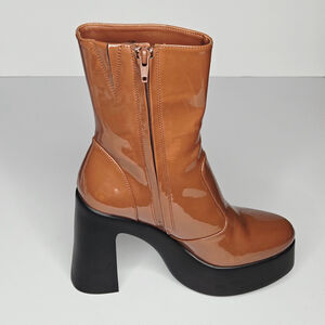 GB Gianni Bini Levi Tate Brown Patent Platform Chunky Mid Calf Heel Boots Sz 7.5